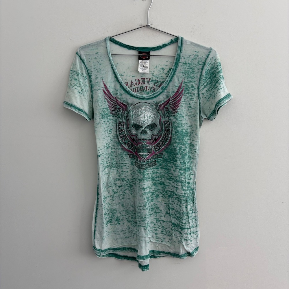 Harley Davidson Las Vegas Nevada Burnout Graphic T-Shirt Green Women Medium